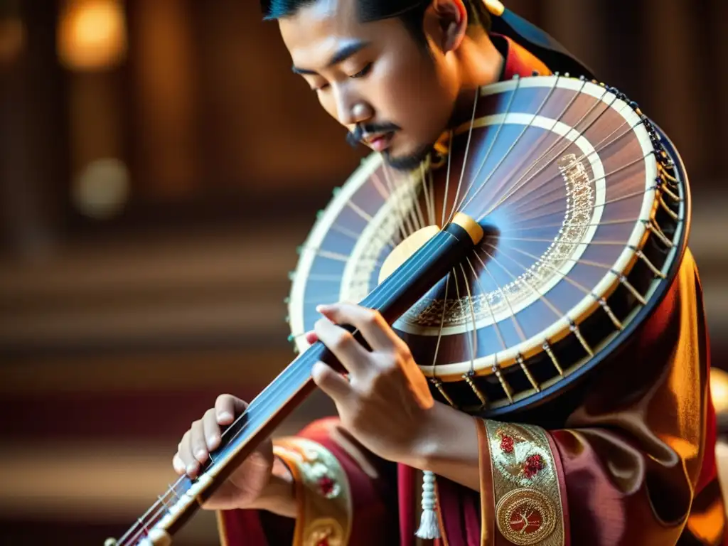 Un músico hábil toca un instrumento musical asiático tradicional, con detalles intrincados y expresión concentrada