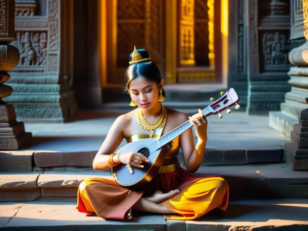 Un músico toca un instrumento tradicional camboyano frente a un templo ornamental, capturando la esencia de la Danza Apsara música camboyana