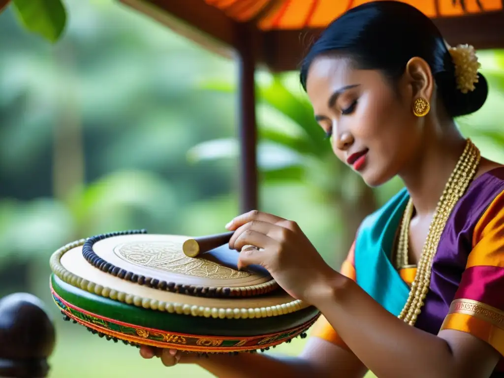 Un músico toca un instrumento tradicional del Lejano Oriente en un entorno sereno