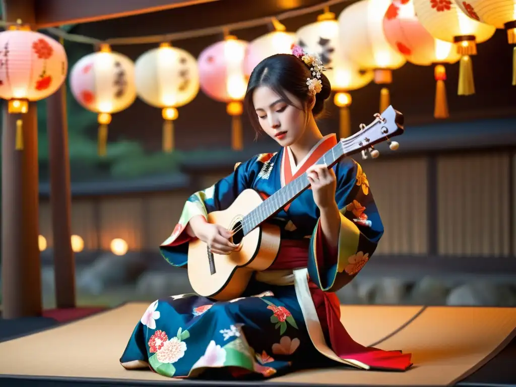 Un músico de shamisen japonés actúa en un escenario tenue, vistiendo un kimono vibrante