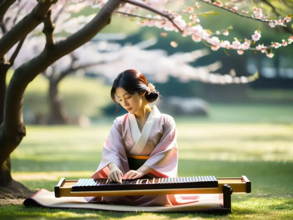 Un músico de koto japonés tocando bajo los cerezos en flor en un jardín sereno, con la luz suave creando sombras y las notas delicadas flotando en el aire, evocando paz y relajación