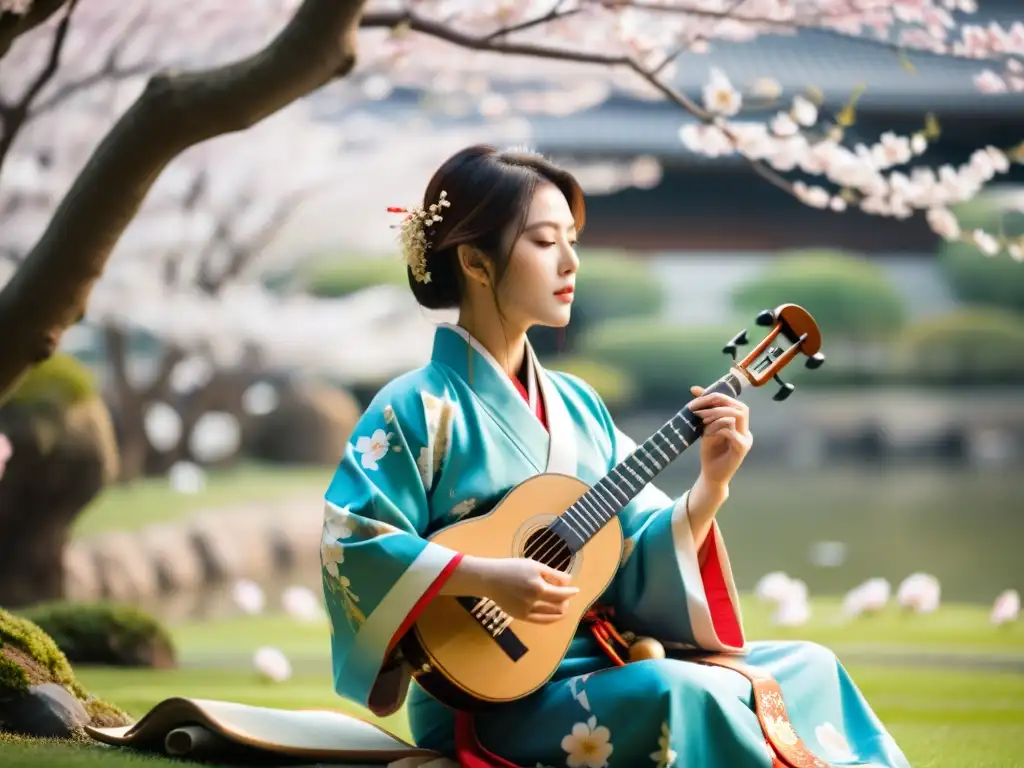 Un músico de shamisen japonés viste un kimono vibrante, tocando en un jardín sereno rodeado de árboles de cerezo