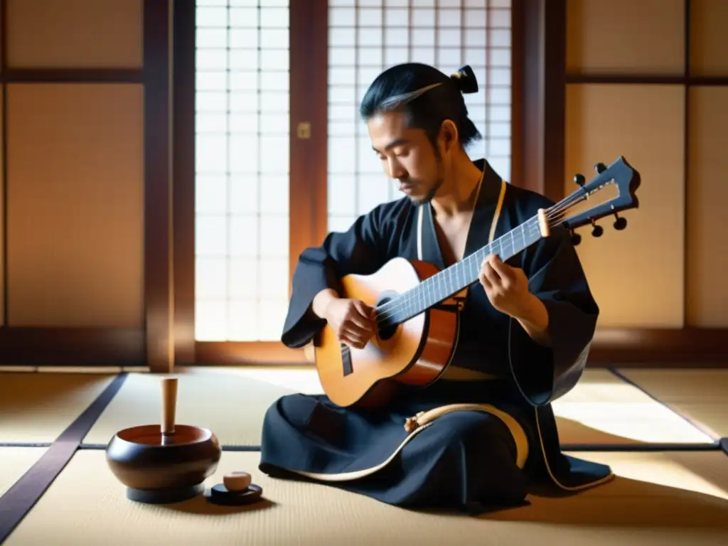 Un músico toca un shamisen japonés en una serena habitación de tatamis, con luz natural y sombras detalladas