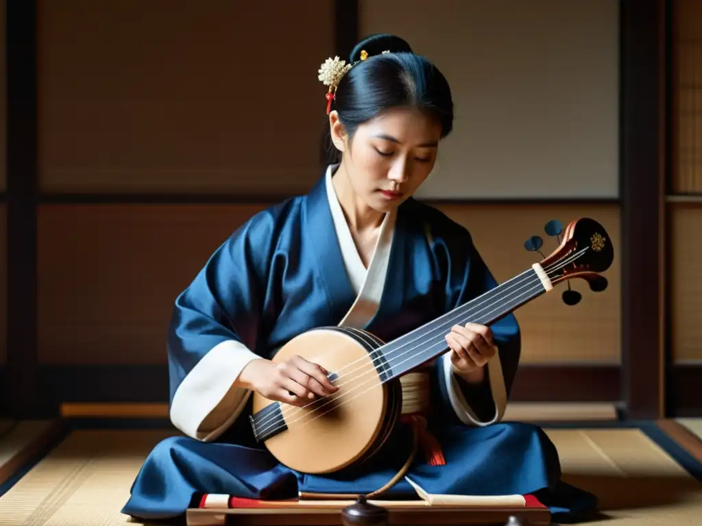 Un músico japonés toca el shamisen con pasión, fusionando la música asiática y la tecnología streaming