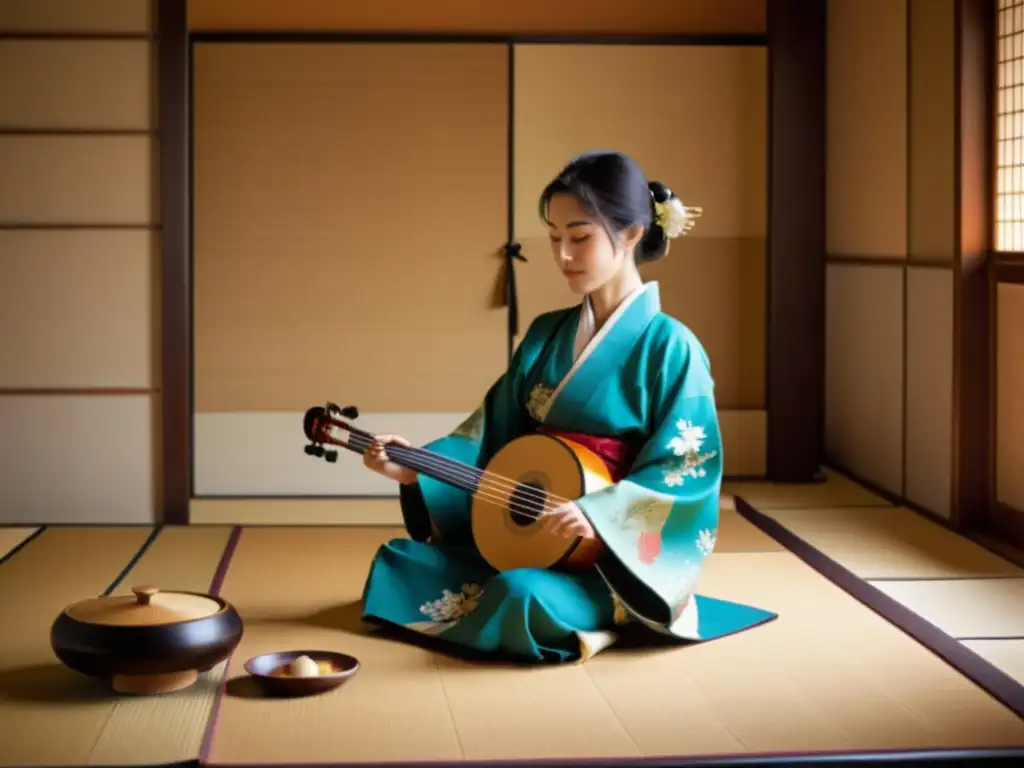 Un músico japonés toca el shamisen en una habitación tradicional, creando una atmósfera cálida y serena