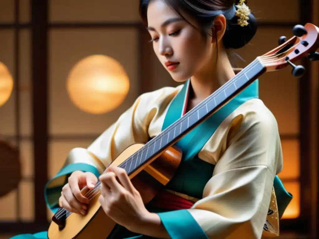 Un músico en kimono toca un shamisen japonés, con detalles intrincados y una expresión concentrada