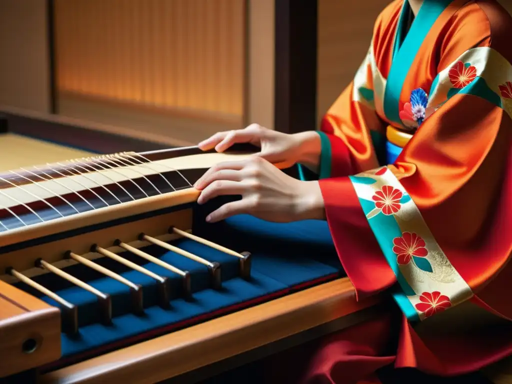 Un músico con kimono toca delicadamente un koto japonés, mostrando la delicadeza del instrumento y su cultura