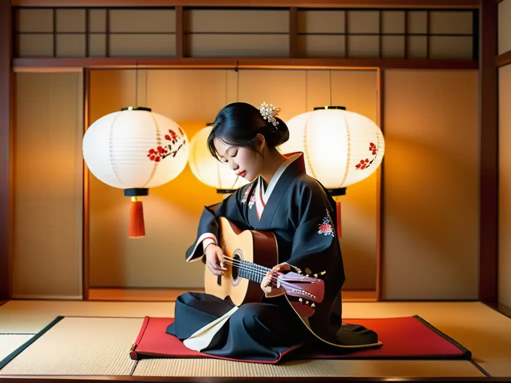 Músico tocando el koto japonés decorado con delicadas flores de cerezo, evocando la delicadeza del koto japonés en una atmósfera serena