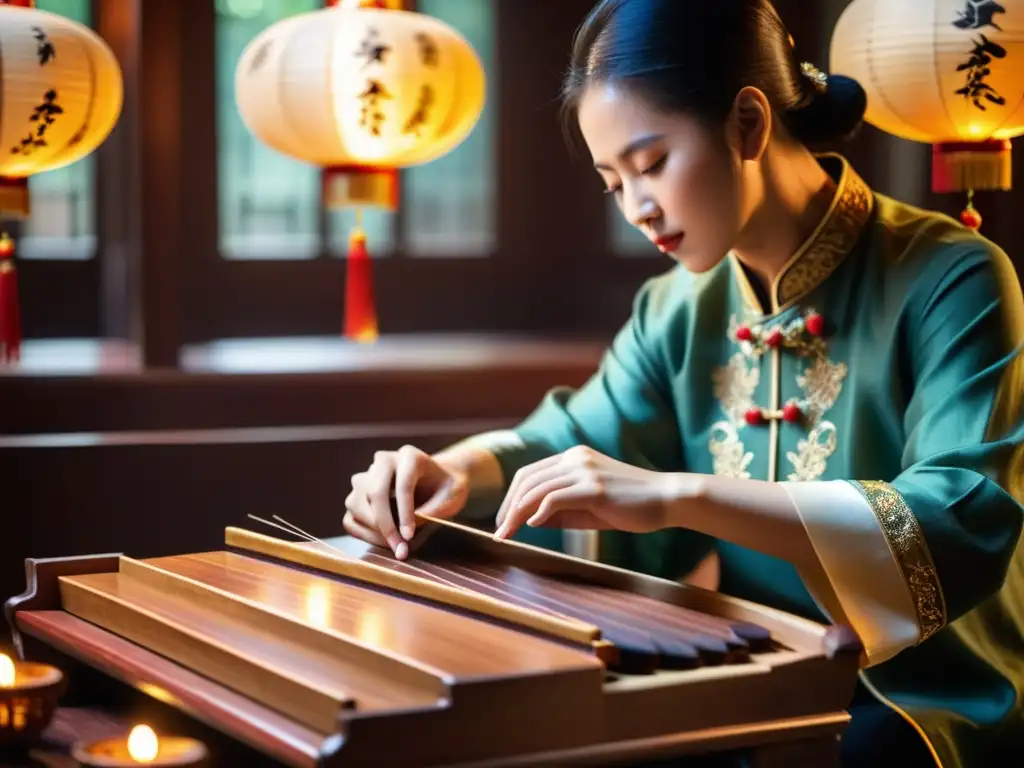 Un músico toca un guzheng en una habitación ornamental, llena de humo de incienso y luz de linternas, evocando música asiática tradicional moderna