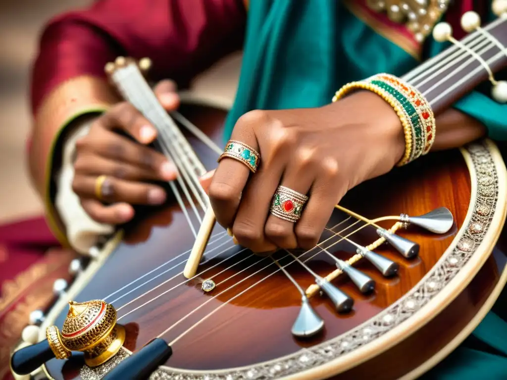 Un músico de sitar con manos expertas pluckeando las cuerdas, mostrando pasión y destreza en la improvisación en la música clásica india