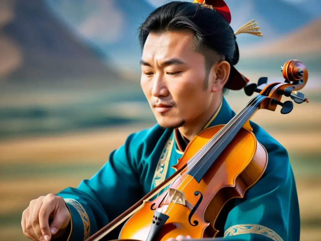 Un músico mongol habilidoso toca el morin khuur, mostrando la historia del morin khuur mongol en detalles y emoción en su actuación