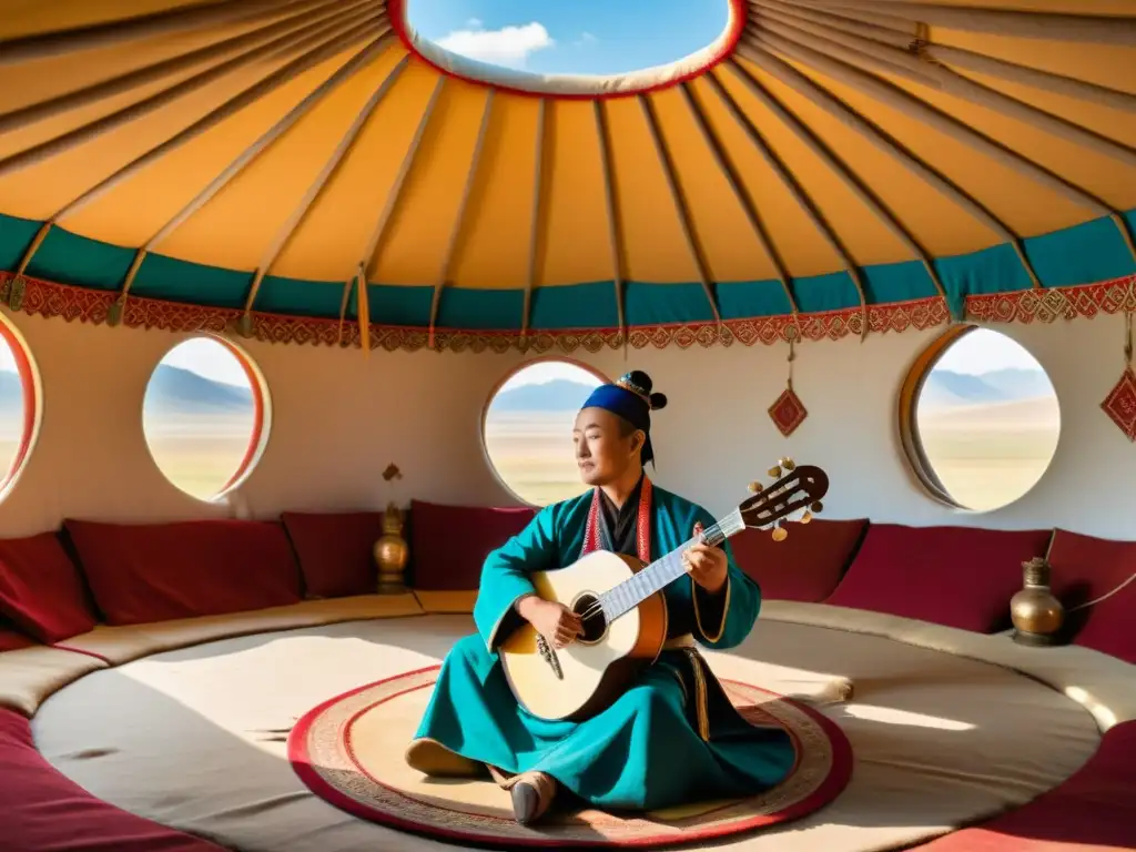 Un músico de morin khuur en una yurta mongola, vistiendo trajes tradicionales, tocando el instrumento con destreza