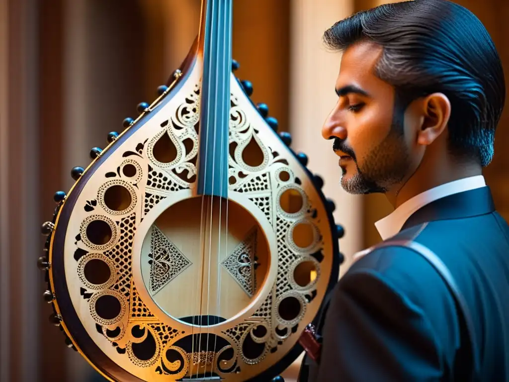 Un músico tocando un oud rodeado de instrumentos tradicionales, representando las raíces árabes en la música asiática