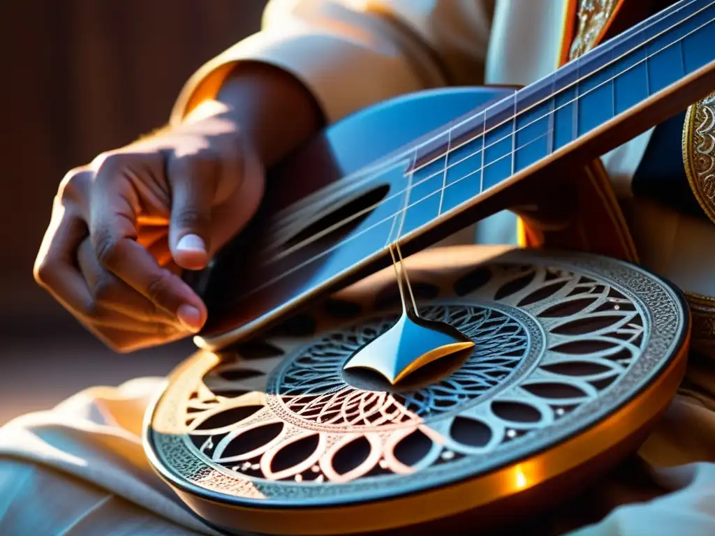 Un músico interpreta con pasión un rebab, un instrumento de cuerda árabe, destacando la resonancia árabe en Asia Central