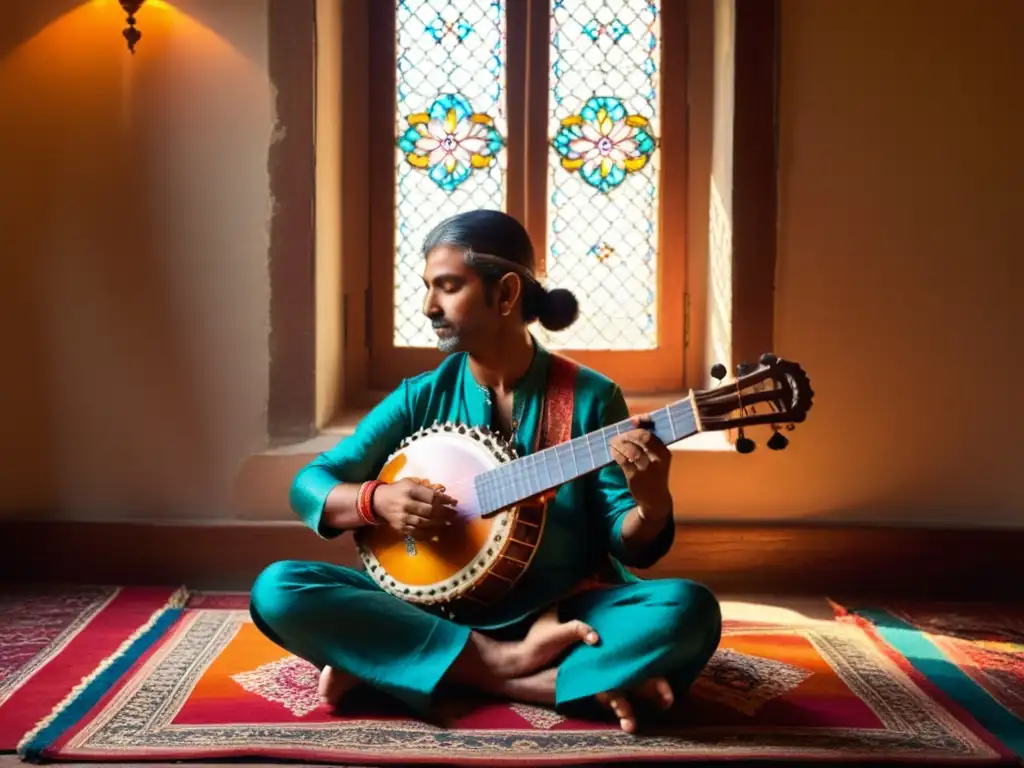 Un músico de sitar se concentra en su interpretación, perdido en la improvisación en la música clásica india en un ambiente culturalmente rico