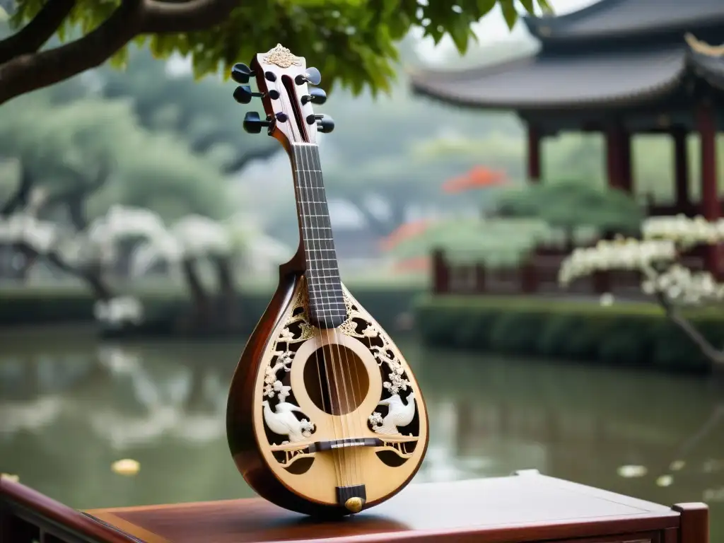 Un músico toca una pipa china antigua en un jardín sereno, capturando la belleza y la historia cultural del pipa chino