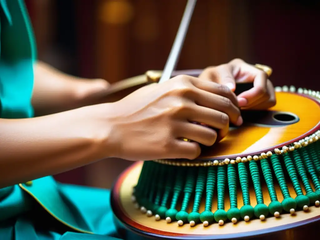 Un músico tailandés concentra su serenidad en melodías del khim tailandés, destacando su vibrante artesanía y la precisión al tocar las cuerdas