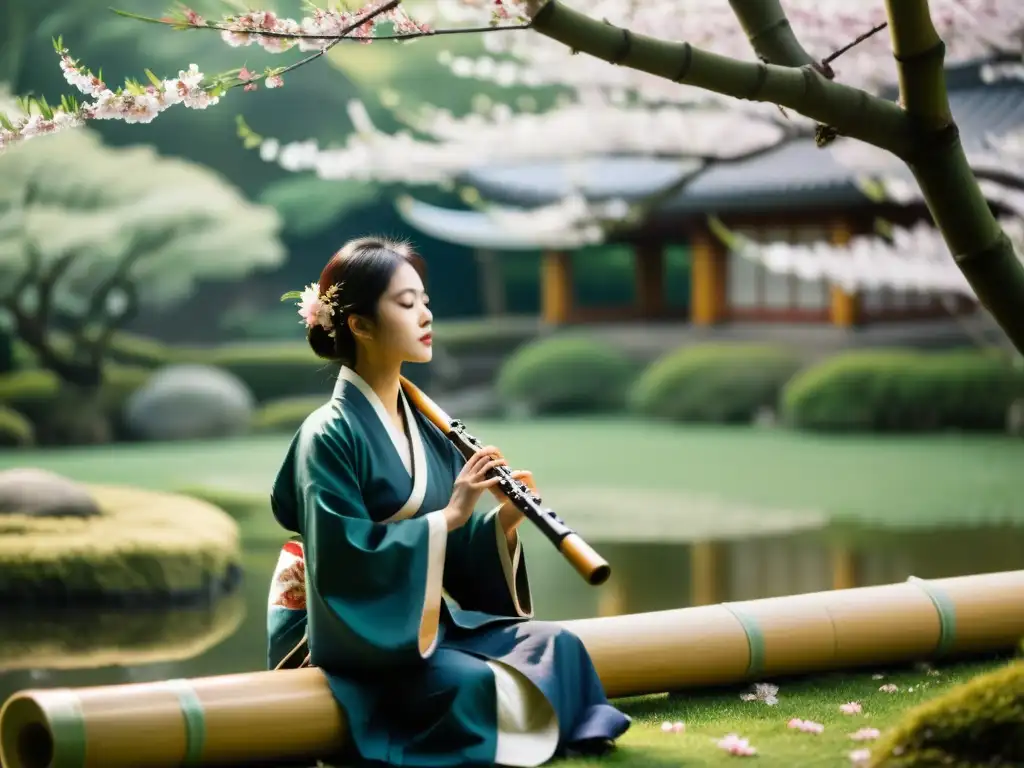 Un músico toca un shakuhachi en un jardín sereno, rodeado de cerezos en flor