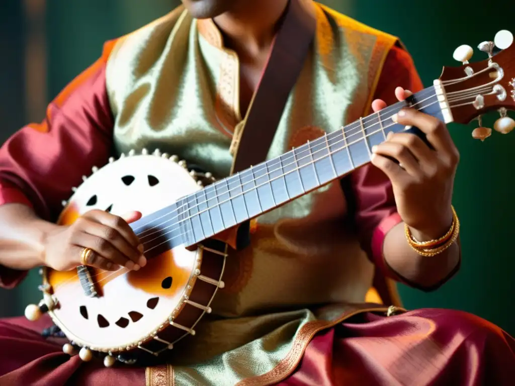 Un músico toca una sitara india con pasión, evocando la poesía clásica y el amor