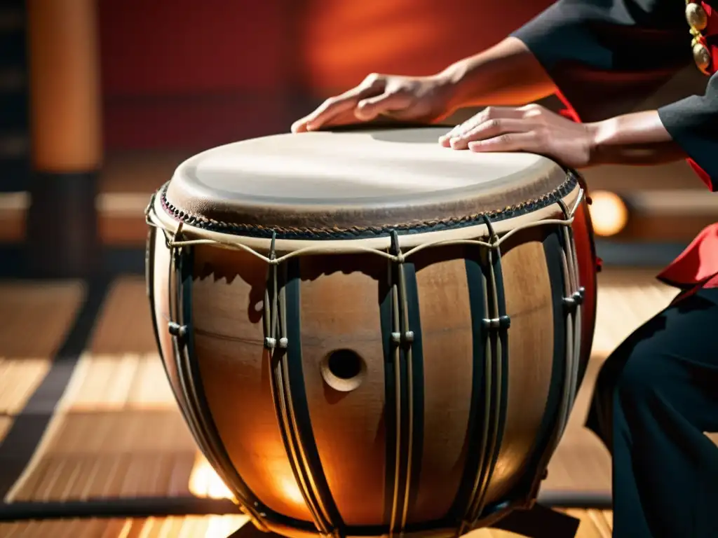 Un músico toca con pasión un tambor taiko japonés bajo una luz cálida