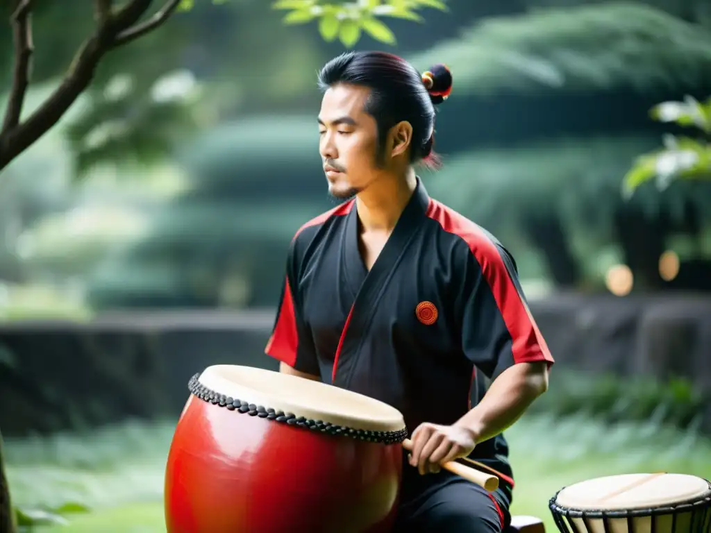 Un músico toca un tambor taiko japonés en un jardín sereno