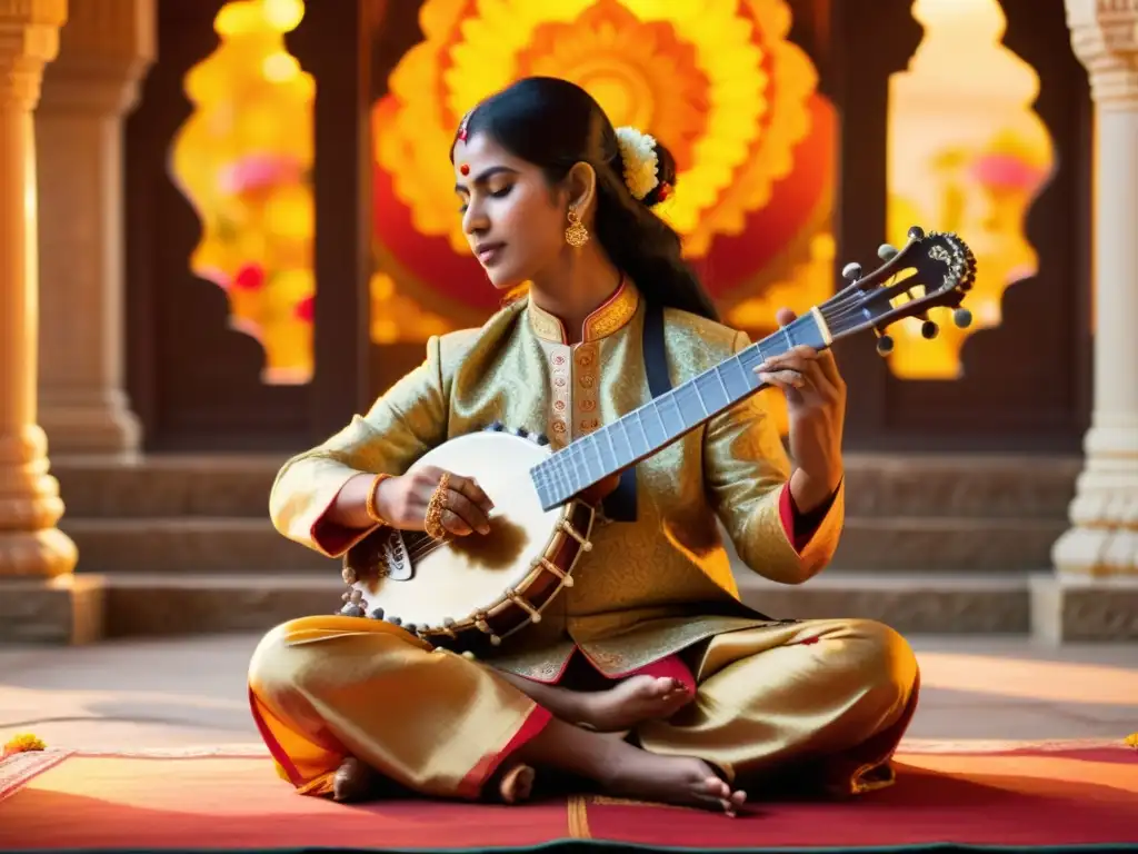 Un músico de sitar interpreta en un templo hindú, rodeado de ofrendas florales y tallas intrincadas