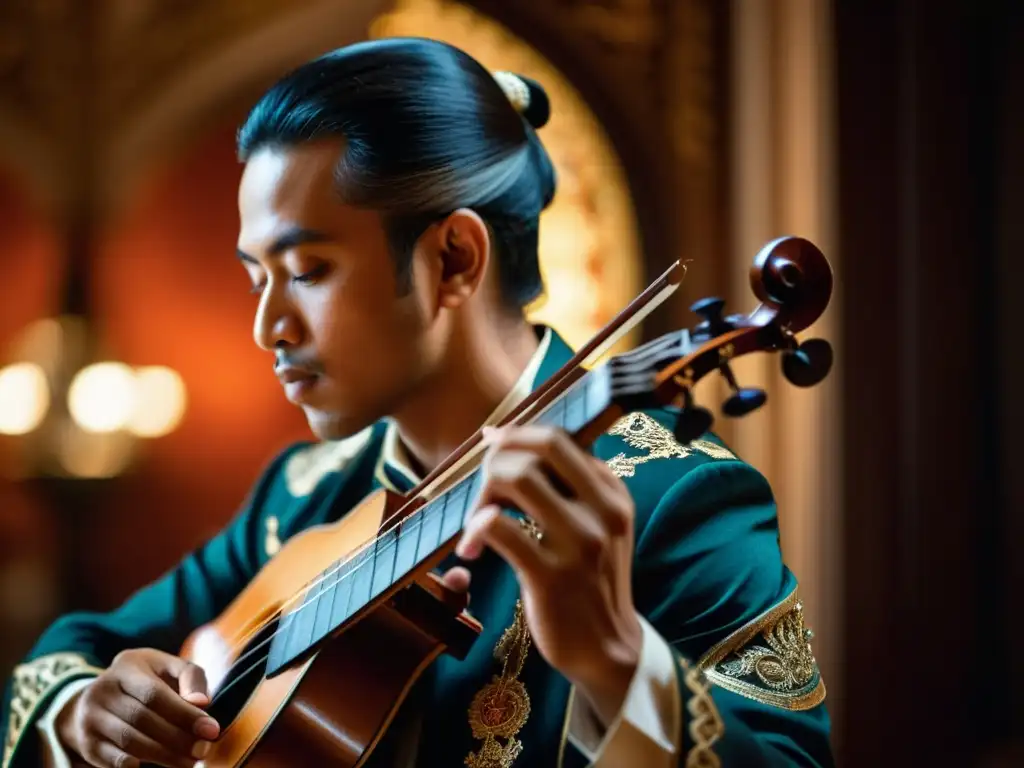 Un músico tradicional asiático prepara su instrumento en una habitación bellamente decorada