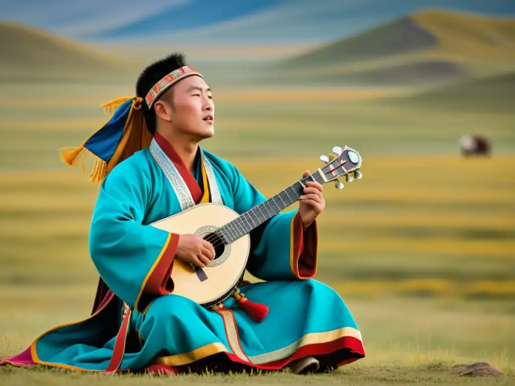 Un músico tradicional de Mongolia ejecuta cantos de garganta en un escenario nómada, inmerso en la vasta belleza de la estepa mongola