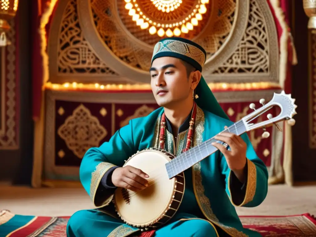 Un músico tradicional de Asia Central tocando el rebab rodeado de elementos culturales y una atmósfera histórica