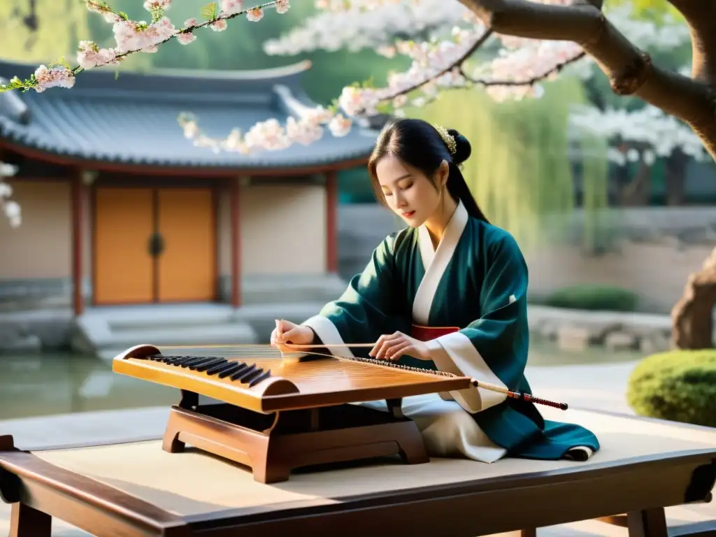 Un músico tradicional chino toca el guqin bajo cerezos en flor