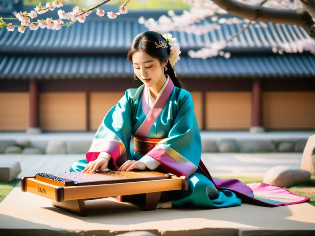 Un músico tradicional coreano toca el gayageum en un patio sereno rodeado de árboles de cerezos en flor