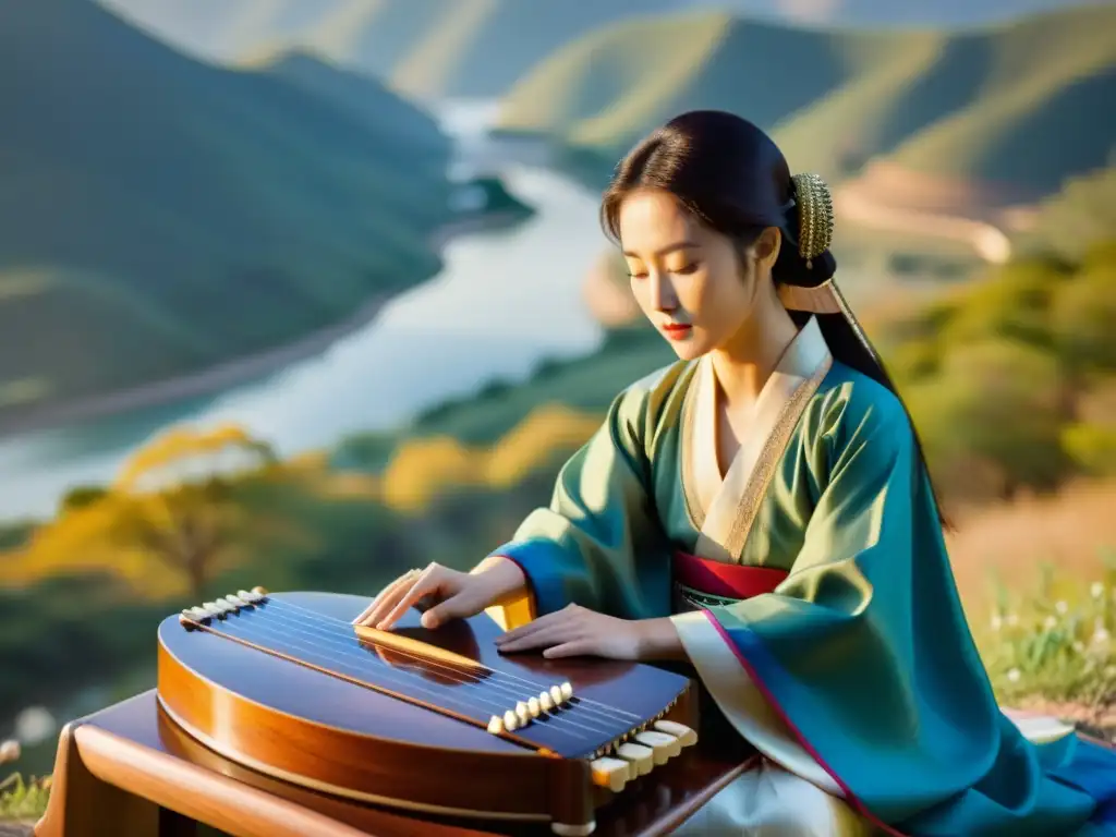 Un músico tradicional coreano tocando una gayageum, con el paisaje sereno de Corea al fondo