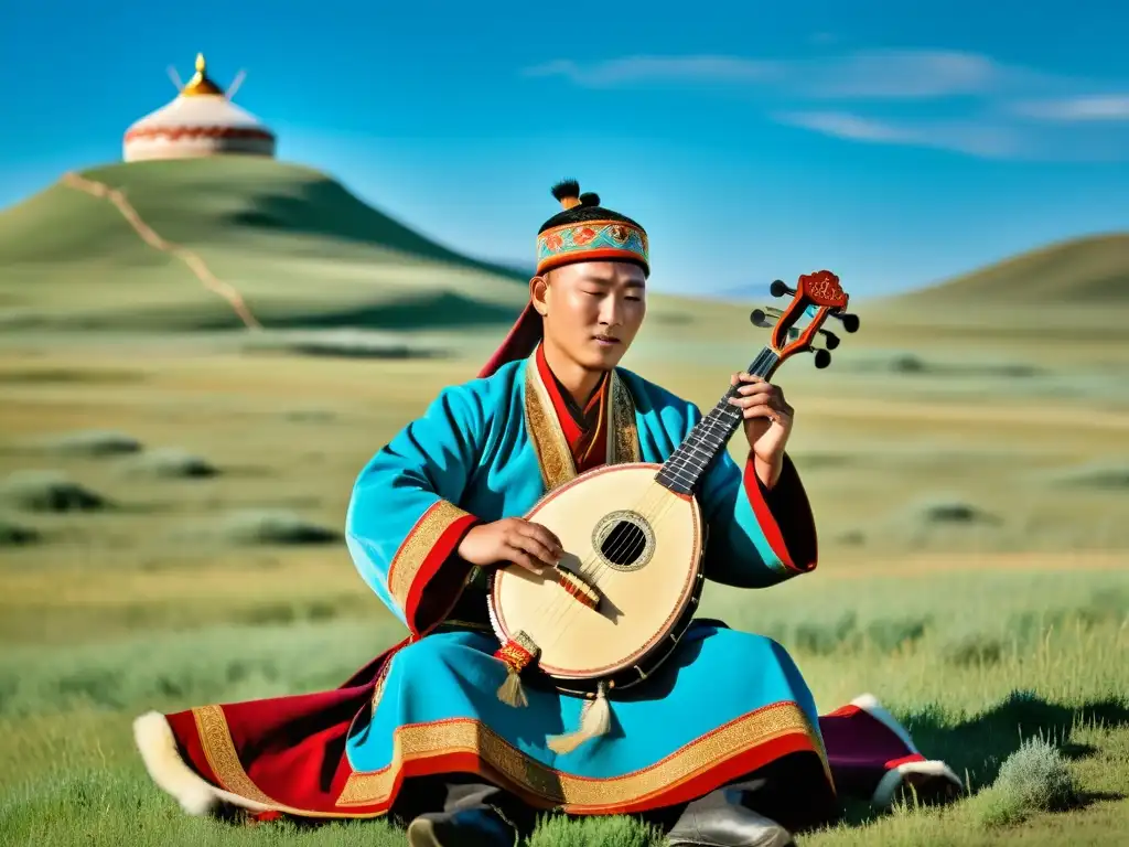 Un músico tradicional mongol toca el morin khuur bajo el cielo azul de la estepa mongol