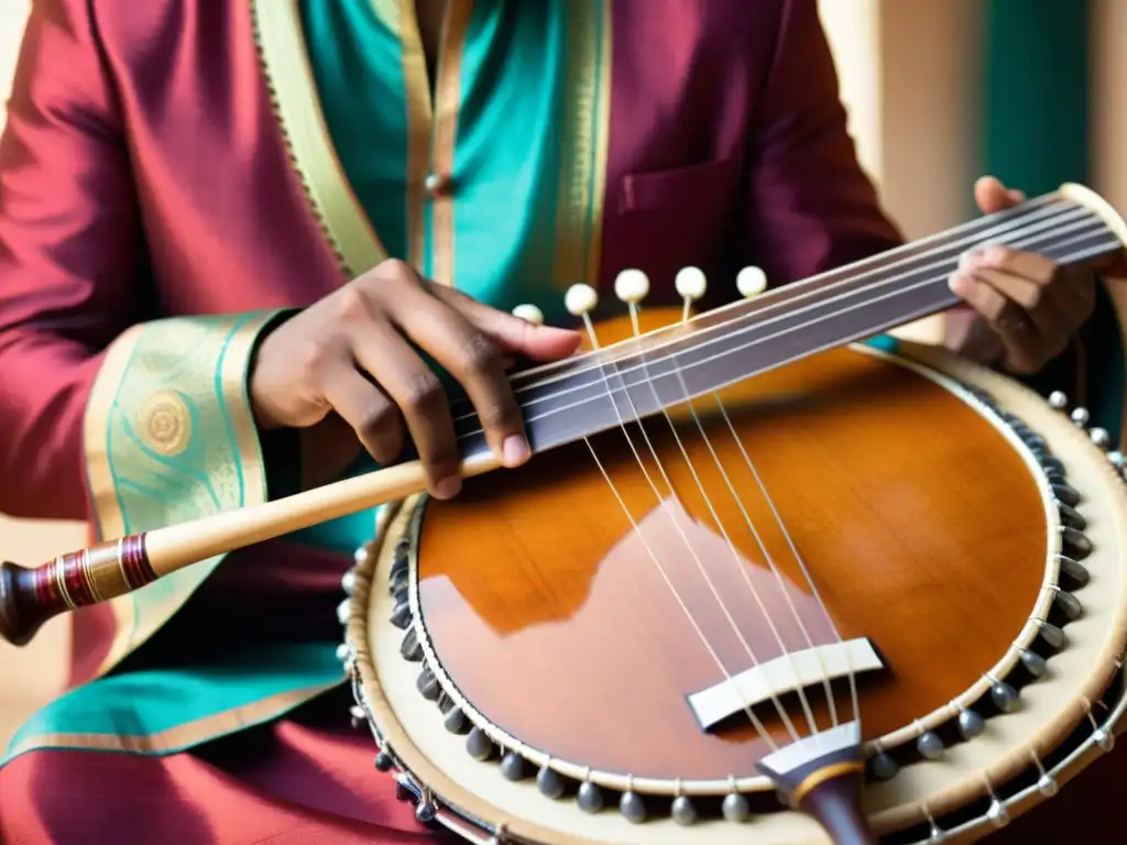 Un músico vestido con atuendo tradicional toca un instrumento indio, fusionando la música tradicional con las bandas sonoras del cine asiático actual