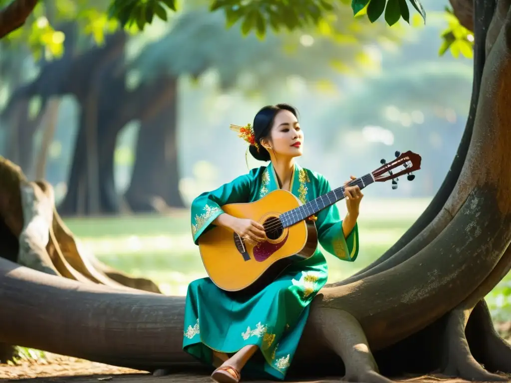 Un músico vietnamita toca el đàn bầu bajo un árbol banyan antiguo, creando una escena de evolución de la música vietnamita tradicional