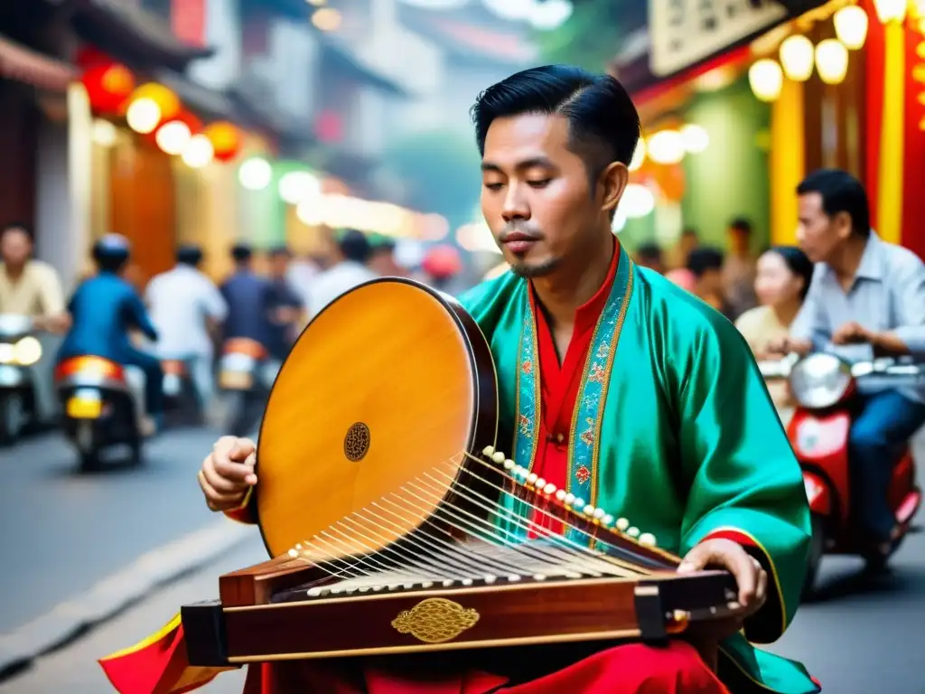 Un músico vietnamita toca una đàn tranh en una bulliciosa calle de Hanoi, rodeado de una multitud fascinada