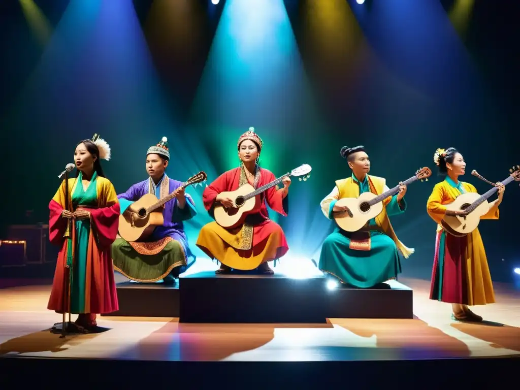 Músicos asiáticos tradicionales y modernos en un escenario vibrante fusionando antiguos instrumentos con tecnología contemporánea