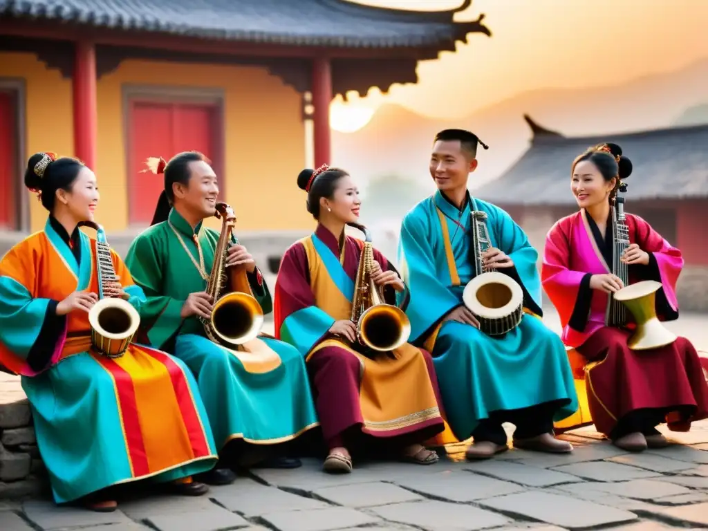 Músicos de minorías étnicas en China tocan instrumentos tradicionales en una plaza, vistiendo trajes coloridos bajo la cálida luz del atardecer