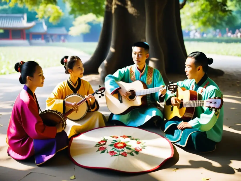 Músicos de minorías étnicas chinas interpretando instrumentos tradicionales bajo un árbol, con expresiones apasionadas y reverentes