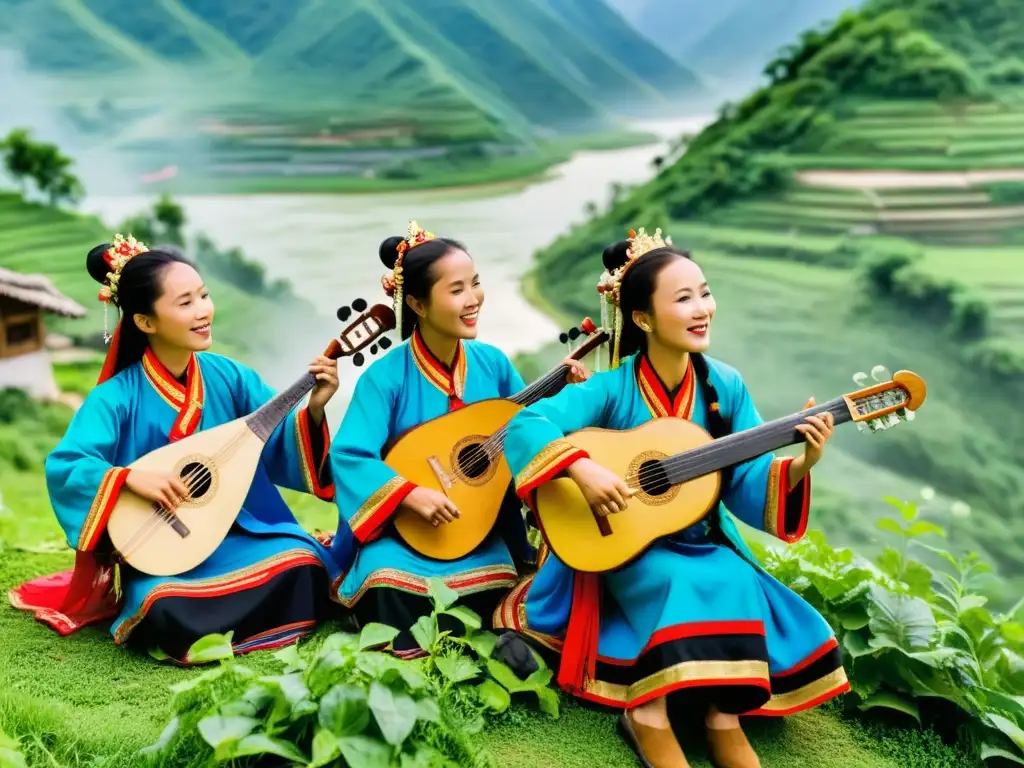 Músicos de minorías étnicas chinas interpretando música tradicional en una aldea remota de montaña