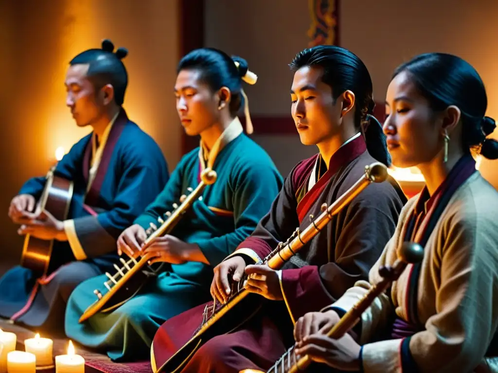 Músicos tibetanos interpretando música tradicional en una habitación iluminada por velas, transmitiendo una poderosa resistencia cultural