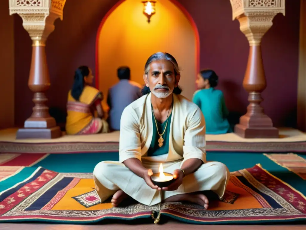 Un narrador indio cautiva a su audiencia con técnicas literarias en novelas indias, iluminado por una lámpara de aceite