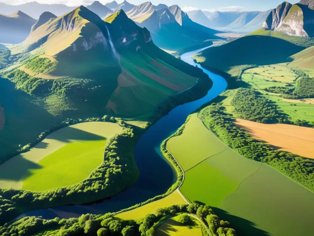 Narrativa épica en series asiáticas: paisaje montañoso con río serpenteante, vegetación exuberante y figura solitaria en acantilado