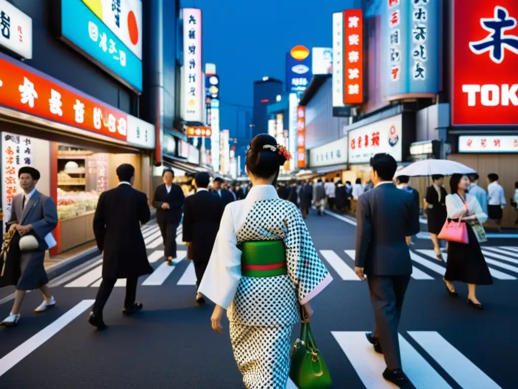 Narrativas visuales en la fotografía asiática contemporánea: bulliciosa calle de Tokio con gente vistiendo kimonos y moda moderna, entre luces de neón y edificios históricos en blanco y negro