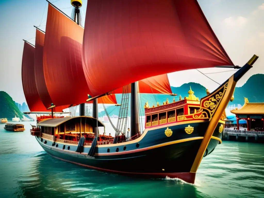 Réplica de la nave del tesoro de Zheng He en un bullicioso puerto chino antiguo, evocando las exploraciones marítimas de Zheng He en una imagen de alta resolución impresionante