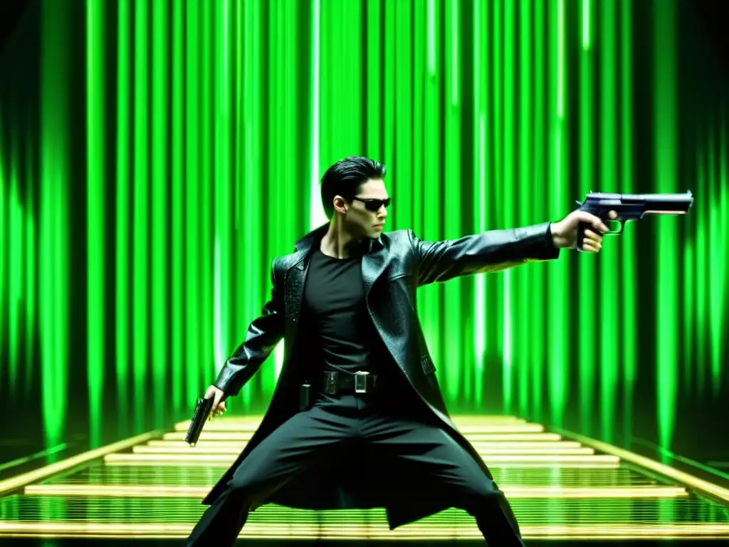 Neo esquivando balas en cámara lenta en escena icónica de 'The Matrix', fusionando anime y cine occidental