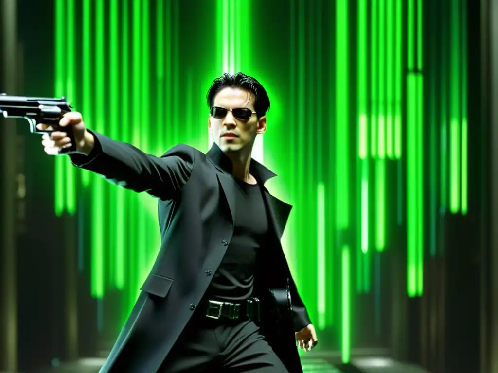 Neo en 'bullet time' del filme 'The Matrix', fusionando el anime y cine occidental