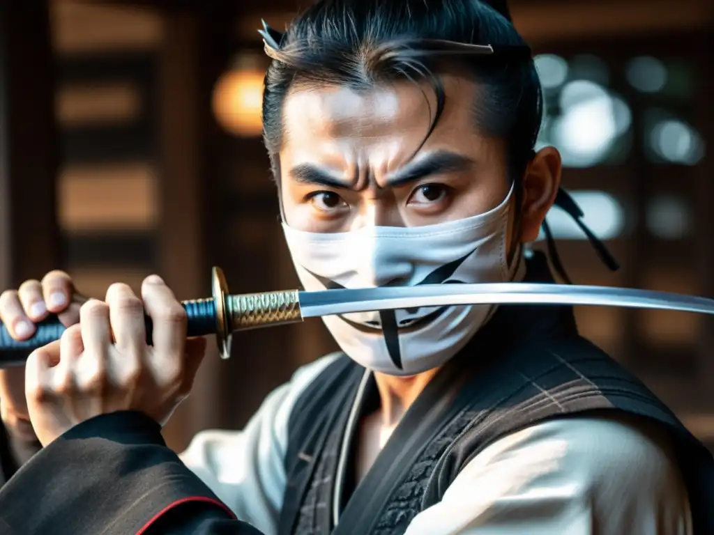 Un ninja japonés en blanco y negro sostiene un shuriken y una katana con intensa concentración