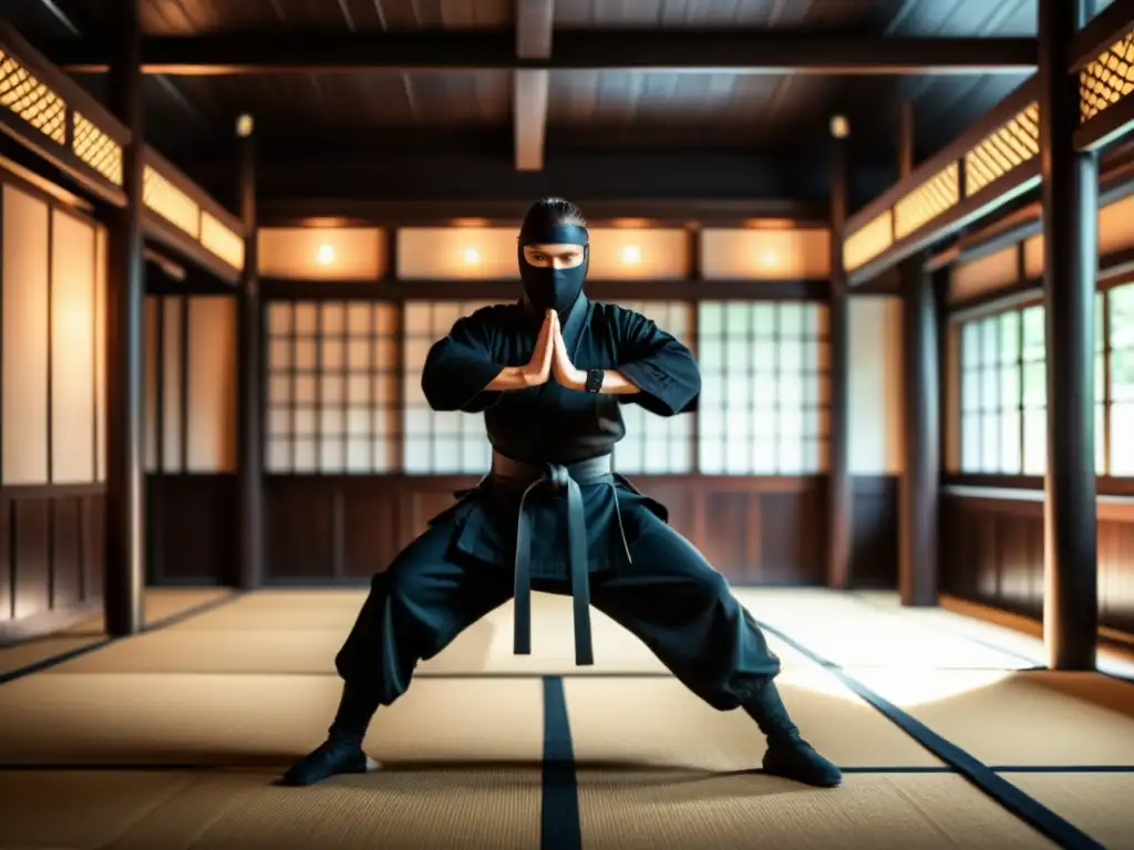 Un ninja moderno practica en un dojo tradicional, con movimientos fluidos y precisos con una espada