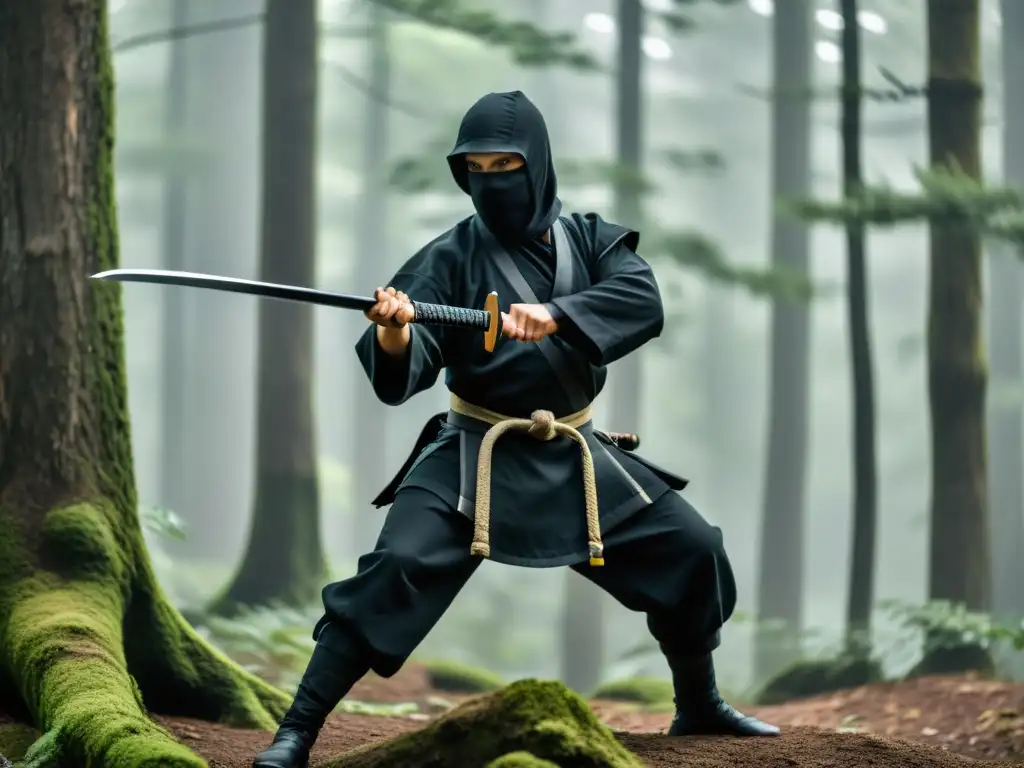 Un ninja practica ninjutsu japonés historia y arte en un bosque neblinoso, demostrando movimientos fluidos y defensivos